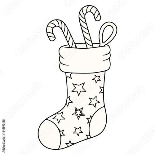 Christmas stocking outline with candy canes and stars, vector illustration