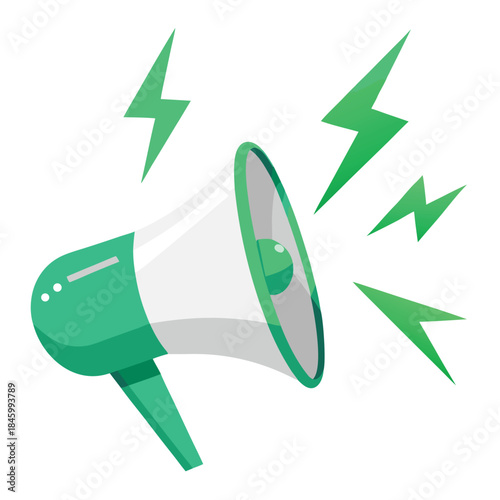 Simple white and green megaphone icon on a plain white background, representing communication and announcements.