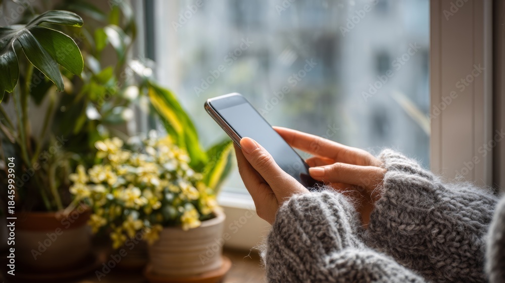 Fototapeta premium Hands hold a smartphone near plants in a bright room with a window during the day