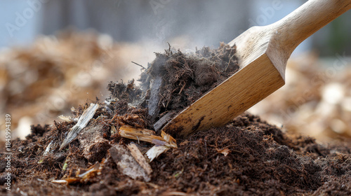 Carbon dioxide absorption concept ,steaming compost pile with carbon rich materials being broken down by wooden shovel