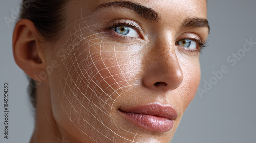 Collagen and supplement concept ,Youthful female face with glowing grid showing collagen regeneration and smooth skin