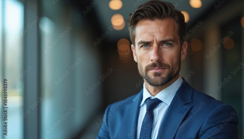 Fototapeta premium Man in blue suit stands in modern office hallway. He has serious expression and looks directly at viewer. Style reflects success and ambition in business world.