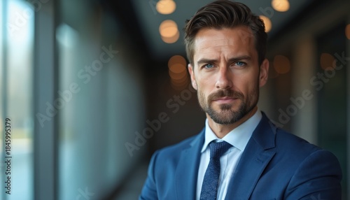 Man in blue suit stands in modern office hallway. He has serious expression and looks directly at viewer. Style reflects success and ambition in business world.