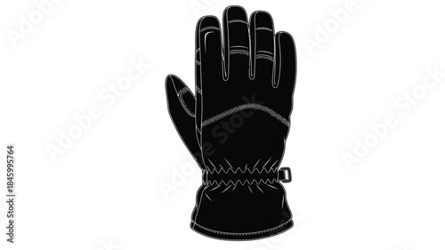 A detailed black and white illustration of a single winter glove showcasing its design and texture