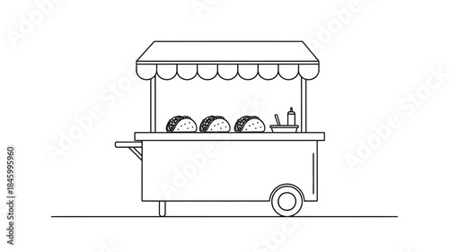 A simple black and white line drawing depicts a food cart selling tacos outdoors
