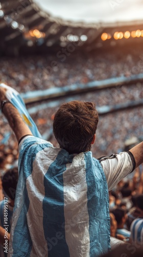 Argentina football supporter on stadium. Argentinian fans on soccer pitch watch team play. Group of supporters with flag and national jersey cheering for Argentina. Championship game