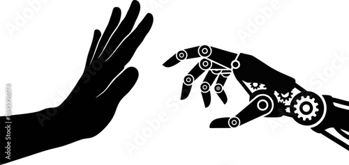Human vs AI Silhouette Vector. Hand Stopping Robot Hand Gesture for Artificial Intelligence Regulation Concept Isolated on White