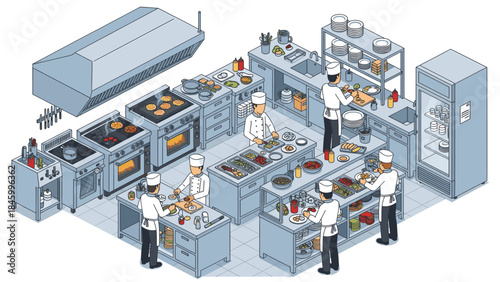 Busy commercial kitchen with chefs preparing food