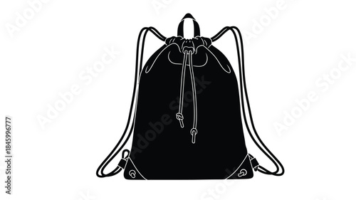 A simple black and white illustration of a drawstring backpack with shoulder straps is shown