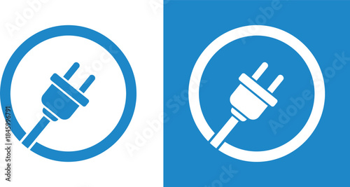 Electric plug symbols in circle on white and blue backgrounds