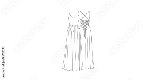 A detailed fashion sketch showcasing a long flowing dress with a laced bodice design