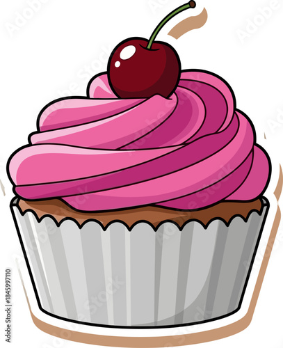Delicious Pink Frosted Cupcake with Cherry Topping.