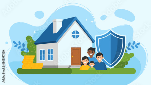 Family standing near house with shield and coins