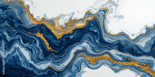 Abstract blue and yellow background pattern featuring flowing liquid color waves and golden metal artistic illustration design