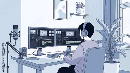 Video editor working on computer with dual monitors