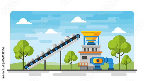 Industrial facility with conveyor belt and storage tower