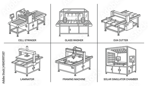 Illustration of Solar Panel Production Equipment, Precise Detailed Line Art