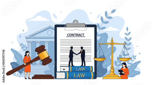 Contract signing between two parties with law books and scales