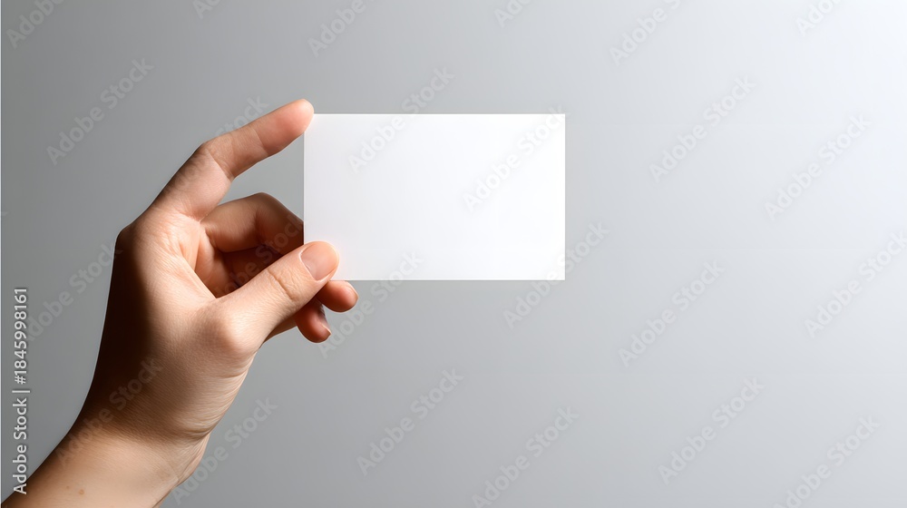 Obraz premium Person holding blank white rectangular card against subtle gray background with copy space