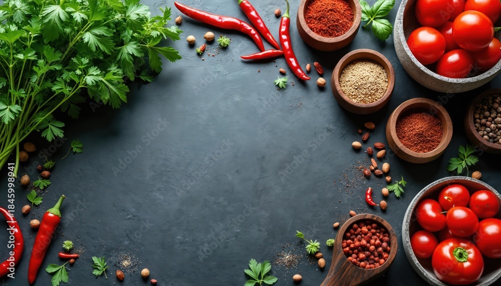 Fototapeta premium Fresh parsley, red chili peppers, tomatoes, and various spices in wooden bowls arranged on a dark surface. Ingredients for cooking healthy meals are laid out with a top down view. Culinary theme.