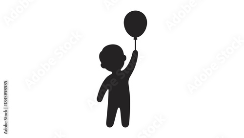 Minimalist Black Silhouette of a Child Holding a Balloon, Symbolizing Childhood Joy, Innocence, and Aspiration on White Background