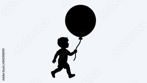 Black silhouette of a joyful child running with a balloon, symbolizing childhood, freedom, and happiness on a clean white background.
