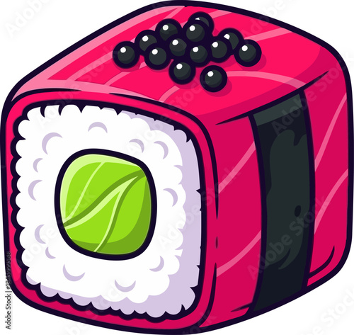 Cartoon Sushi Roll with Salmon and Caviar Topping.