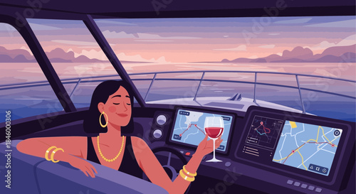 Woman Enjoying Wine on Luxury Yacht.