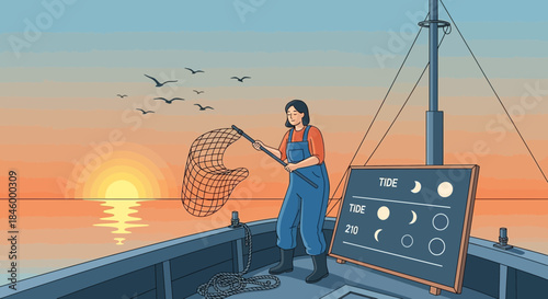 Woman Fishing on Boat at Sunset.