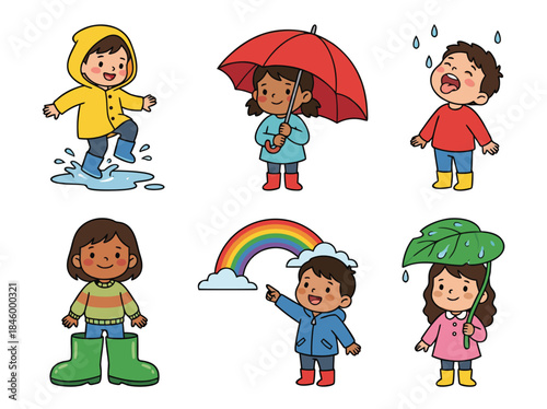 Children enjoying rainy weather with umbrellas and puddles.