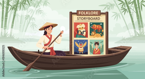 Woman in traditional Asian hat rowing boat.