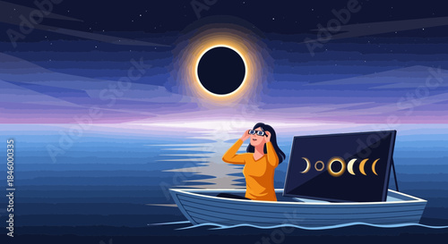 Woman Observing Solar Eclipse from Boat.