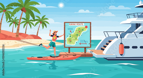 Woman Paddleboarding Near Yacht and Island Map.