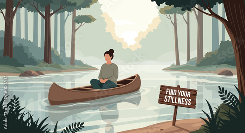 Man Paddling Canoe in Serene River.