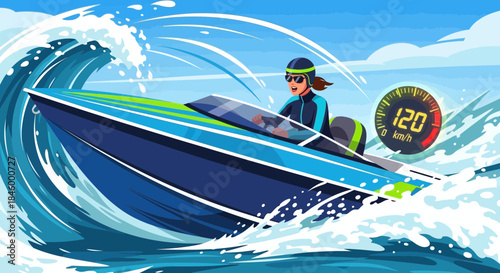 Man Rides Speedboat Through Ocean Waves.