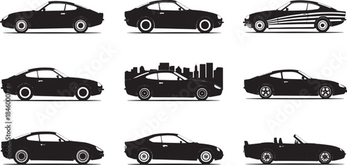 Collection of nine black silhouette vintage sports cars and city skyline vector