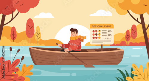 Man Rowing Boat on Serene Lake.