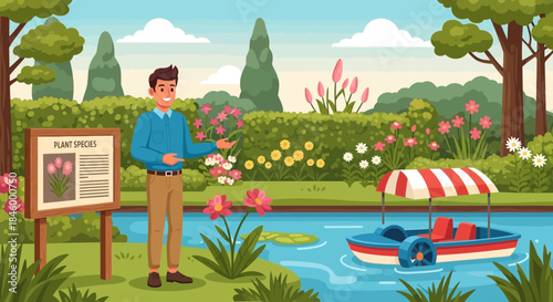 Man Standing Near Pond with Paddle Boat.