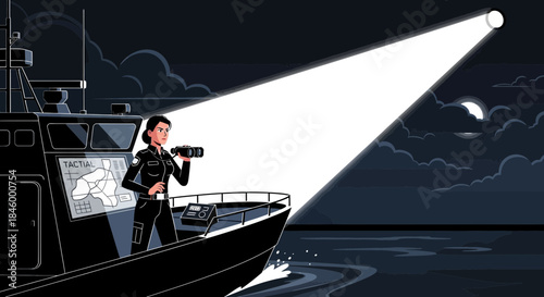 Man Standing on Boat with Spotlight.