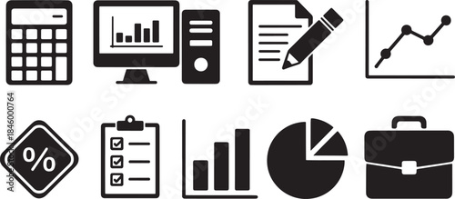 Collection of nine black vector business and finance icons on white background calculator computer