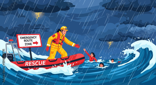 Rescue Worker in Yellow Suit Saving People.