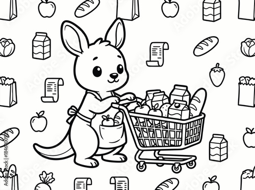Cute cartoon kangaroo pushing a shopping cart full of groceries.