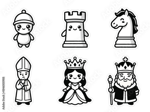 Cute Chess Pieces Cartoon Characters Set.