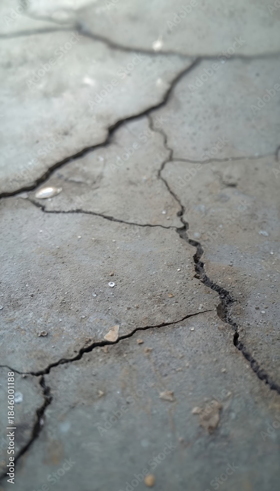 Obraz premium Close up of grey concrete ground with deep cracks and small bubbles. Rough textured surface shows signs of age and wear. Abstract industrial background detail.