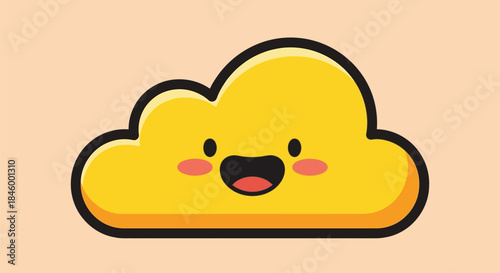 Cartoon yellow cloud with a happy face, rosy cheeks, and a black outline on a peach background.