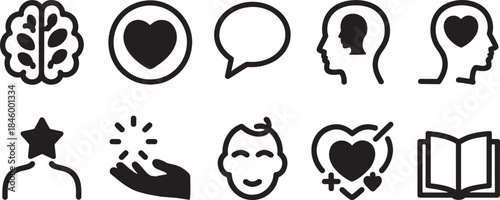 Collection of 9 minimalist black vector icons representing concepts like brain heart speech bubble and book
