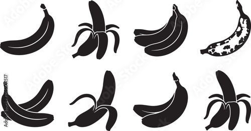 Collection of eight minimalist black vector banana icons and illustrations fruit food