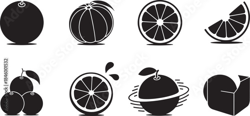 Collection of eight minimalist black vector citrus fruit icons and abstract shapes orange slice