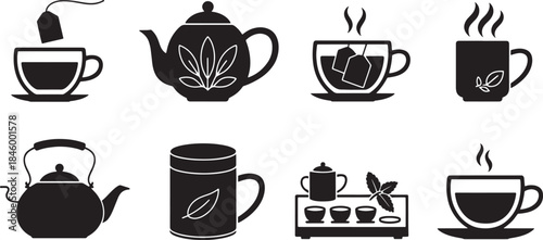 Collection of minimalist black vector icons depicting tea brewing and serving teapot teacup