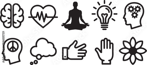 Collection of nine black minimalist vector icons representing concepts like brain heart yoga lightbulb
